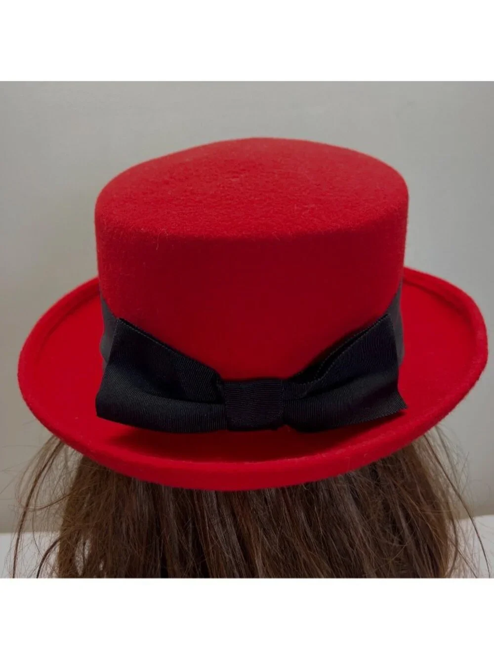 Vintage  Liz Claiborne Red Wool Dress Hat Black Ribbon USA 1980s 1990s